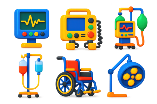Bright 3D Hospital Icons. 3D icon set of hospital equipment: heart monitor, defibrillator, ventilator, IV stand, wheelchair,