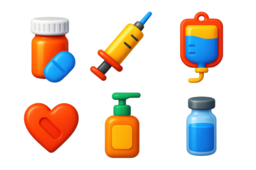 Emergency Medicine Icons. 3D icon set of emergency medicine: pill bottle, injection syringe, IV fluid bag, heart pill, antiseptic