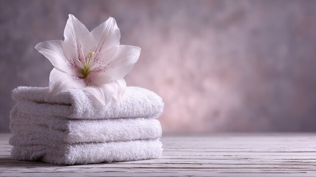 Soft white towels neatly stacked with a delicate white lily flower on top against a dreamy blurred background for spa and relaxation themes