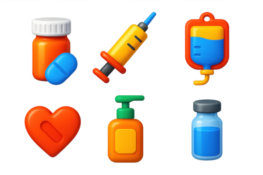 Emergency Medicine Icons. 3D icon set of emergency medicine: pill bottle, injection syringe, IV fluid bag, heart pill, antiseptic