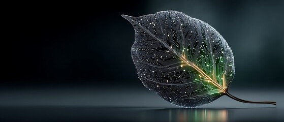 Futuristic leaf merges nature and technology with glowing circuits, symbolizing innovation and sustainable growth in a modern world.