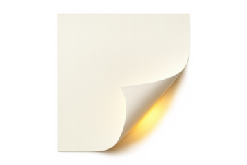 Blank paper page with curled corner and glowing light, abstract stationery backdrop template isolated on transparent background