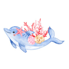 Watercolor Cute Dolphin with Coral Decorations. For kids room, card design.