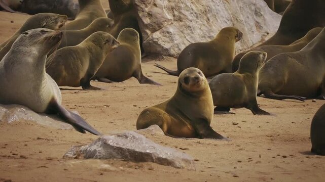 Cape fur or Afro-Australian fur seal Arctocephalus pusillus, marine mammal on the coast of Namibia, sea mammals and their life on the beach, baby and adults colony, lactating mother and sucking baby.