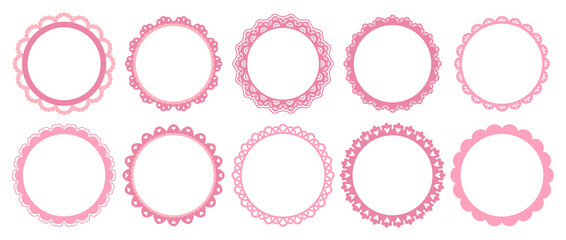 Round decorative border frames with scalloped and wavy edges. Vintage lace and ribbon outlines for invitations, labels, and greeting cards. Cute whimsical vector set in romantic retro style © ksania
