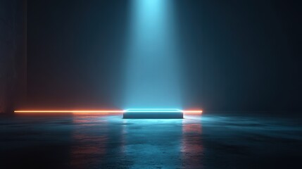Obraz premium 3d technology abstract neon light background, empty space scene, spotlight, dark night, virtual reality, cyber futuristic sci-fi background, street floor studio for mock up. colored geometric