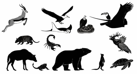 Naklejka premium A diverse collection of animals including mammals reptiles birds and amphibians in black and white style