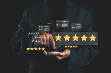 Customer review satisfaction feedback survey concept. User give rating to service excellent experience on mobile phone application, Client evaluate quality of service reputation ranking of business.
