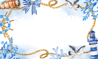 Ocean Watercolor Frame with Rope, Seagull, and Coral.