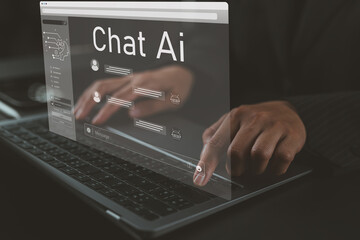 Chat with AI or Artificial Intelligence technology. Woman using a laptop computer chatting with intelligent artificial intelligence asks for the answers he wants. Smart assistant futuristic,