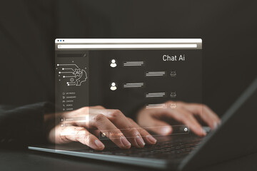 Chat Bot Chat with AI or Artificial Intelligence technology. Woman using a laptop computer chatting with an intelligent artificial intelligence asks for the answers he wants.