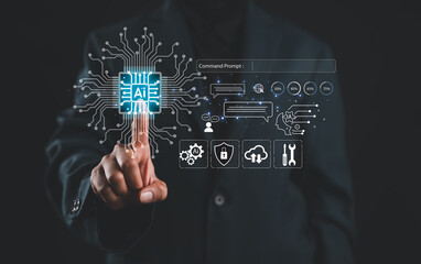 Chat with AI or Artificial Intelligence technology. Woman touching chatting virtual with...