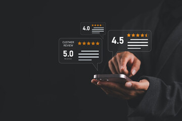 User give rating to service excellent experience on mobile phone application, Client evaluate quality of service reputation ranking of business. Customer review satisfaction feedback survey concept.