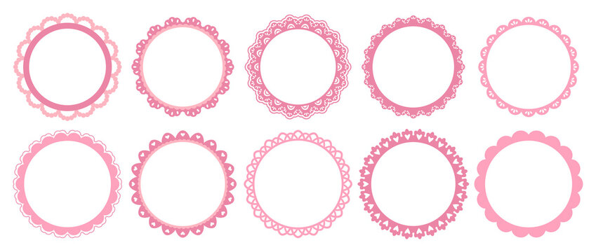 Round decorative border frames with scalloped and wavy edges. Vintage lace and ribbon outlines for invitations, labels, and greeting cards. Cute whimsical vector set in romantic retro style