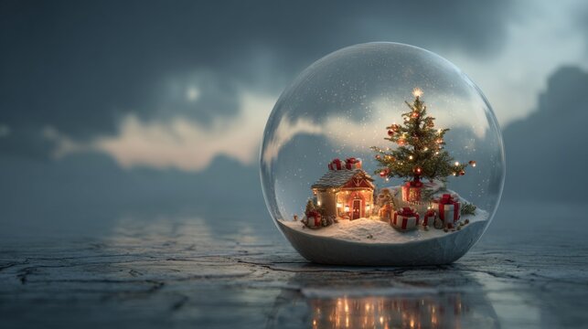 A Whimsical Christmas Snow Globe Featuring a Festive Tree, Cozy Cottage, and Gift-Wrapped Presents, Capturing the Essence of the Holiday Spirit in a Magical Winter Setting