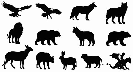 Fototapeta premium Silhouette illustration featuring eagles, wolves, bears, lion, deer, rabbit, sheep and dragon