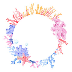 Colorful Coral Reefs Circle Frame. Watercolor illustration for card, invitation, poster.