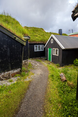 Traditional turf-roofed wooden house with green door along a small path