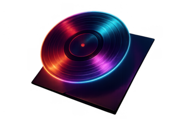 Vinyl record glowing neon light, music album disc creating retro futuristic sound and vibrant party atmosphere