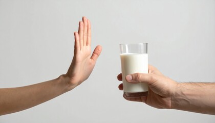 Human hand pushing away a glass of milk, symbolizing lactose intolerance, dairy allergy, or dietary choice.