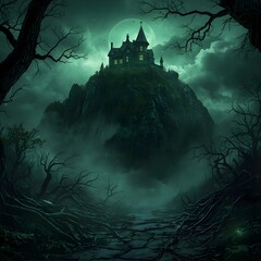 Ominous Castle on Tree-Covered Peak Framed by Twisted Branches
