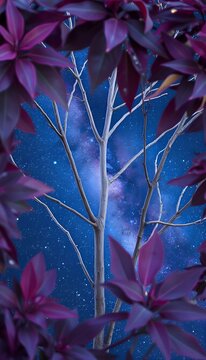 Purple leaves and tree against a starry sky. Artistic photograph of a dry tree with purple leaves against a deep starry sky. Atmosphere of mystery, cosmos, and dreams.