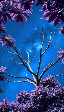 Fantasy tree under starry sky with purple leaves. Artistic scene of a dry tree with purple leaves against a starry sky. Surreal atmosphere and cosmic mood.
