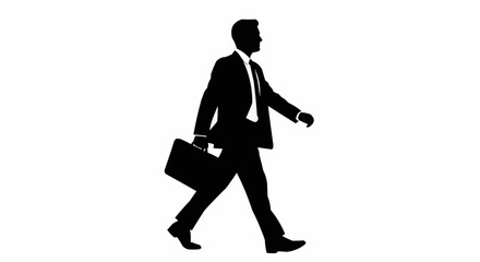 Silhouette of a businessman walking with a briefcase in hand on a white background in a side view