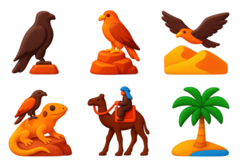 Desert Raptors Icons. 3D icon set of desert raptors: falcon silhouette, desert rock perch, sand dune flight, hunting lizard, camel
