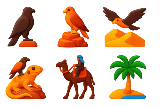 Desert Raptors Icons. 3D icon set of desert raptors: falcon silhouette, desert rock perch, sand dune flight, hunting lizard, camel