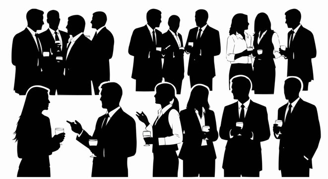 Silhouette of business people networking and socializing at a corporate event with drinks in hand