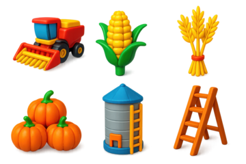 Harvest Season Icons. 3D icon set of harvest season: combine harvester, corn stalk, wheat bundle, grain silo, pumpkin pile,