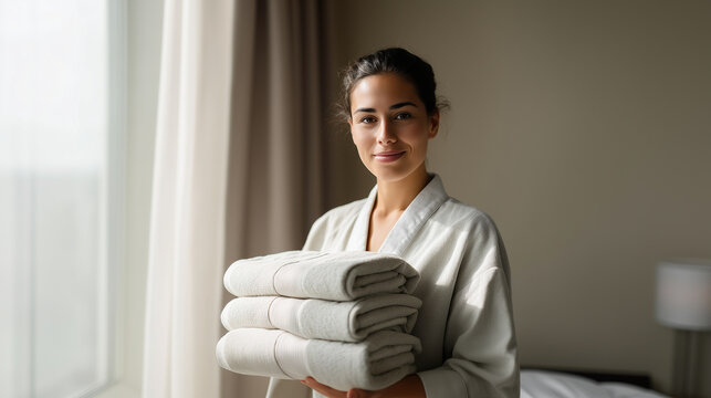 Young chambermaid standing in elegant hotel room with fresh folded towels, bright neutral background with sunlight filtering through curtains, cozy and luxurious atmosphere of comf
