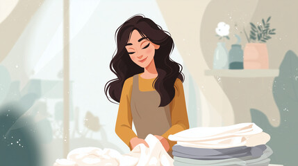 woman with dark hair smiling while folding white clothes, modern digital illustration style, flat pastel palette, minimal background, cozy home setting, soft daylight aesthetic, cl