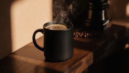 A steaming dark mug of coffee sits on a wooden surface, near a bean pile and a grinder