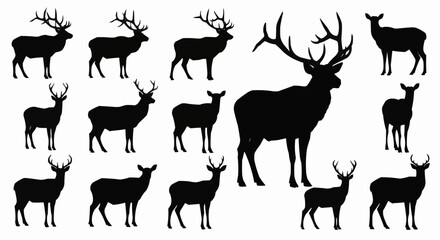 Naklejka premium Silhouette illustration featuring a group of deer with varying antler sizes and body postures shown in black