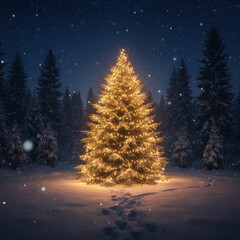 Illuminated Christmas tree glows in a snowy forest at night beneath a starry sky, warm lights contrasting the deep blue winter landscape.