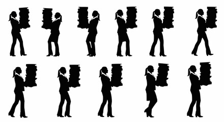 Silhouette pattern of businesswomen carrying large stacks of paperwork in a repetitive arrangement