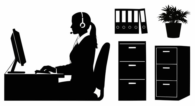 Silhouette of office worker with headset at desk with computer and office storage furniture shown