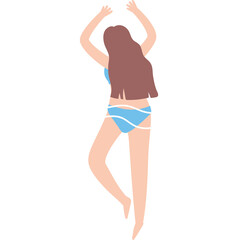 Woman In Blue Bikini With Long Brown Hair Lying Down With Arms Raised On White Background