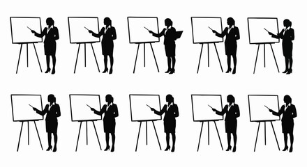Silhouette of businesswomen presenting on whiteboards in a row, isolated on a white background design art