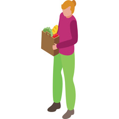 Woman Holding Grocery Bag Filled With Fruits and Vegetables With Purple Top and Green Pants Isometric Style