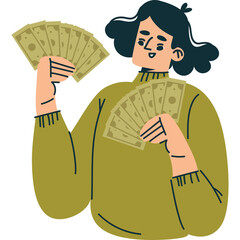 Woman Holding Fan of Dollar Bills Money Wealth Success and Financial Freedom
