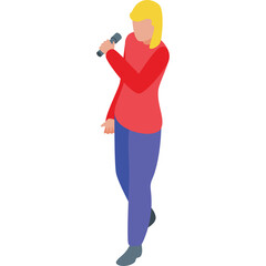 Woman Holding Microphone And Singing With Blonde Hair Wearing Red Long Sleeve Top Blue Pants And Gray Shoes With Transparent Background