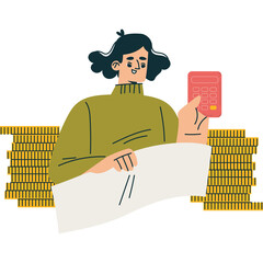 Woman Holding Phone And Paper Near Stack Of Coins In A Transparent Background