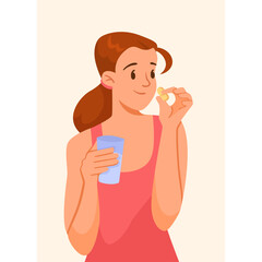 Woman Holding Pills And Glass Of Water In Hand Ready To Take Medicine For Health And Wellness With Brown Hair And Pink Tank Top Against A Light Peach Background