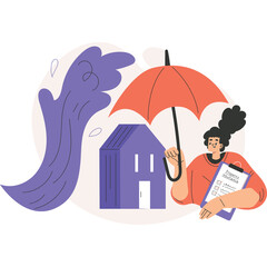 Woman Holding Umbrella Protecting House From Purple Wave Symbolizing Disaster Risk Management And Insurance Concept