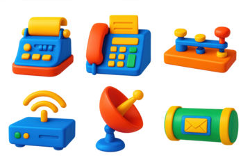 Communication Icons Evolution. 3D icon set of communication history: telegram machine, fax phone line, Morse key, early modem,