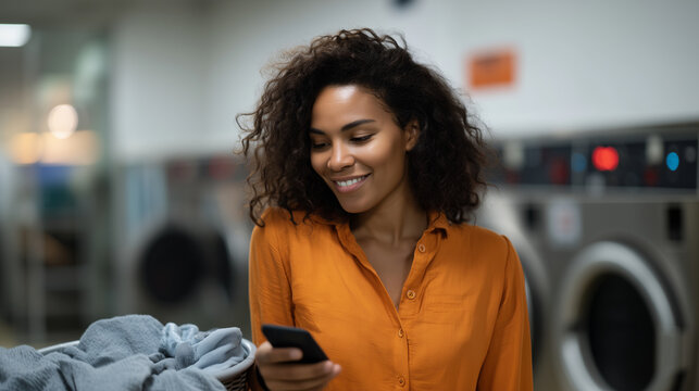 Young African American woman with curly hair smiling while holding a laundry basket and looking at smartphone in modern self-service laundromat, casual weekend atmosphere photo, re - Powered by Adobe