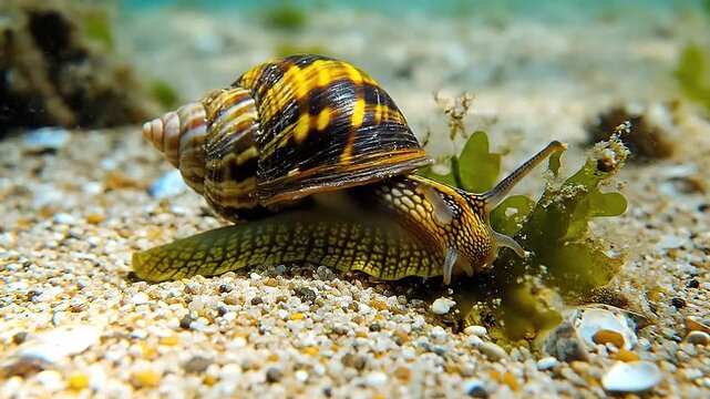 Yellow and black, a bumblebee snail explores a sandy substrate.